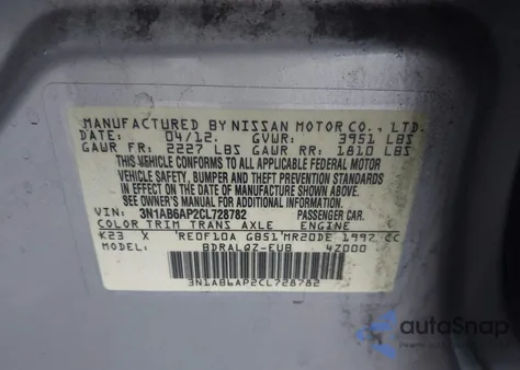 2012 Nissan Sentra 2.0 z USA, uszkodzony, nr VIN 3N1AB6AP2CL728782